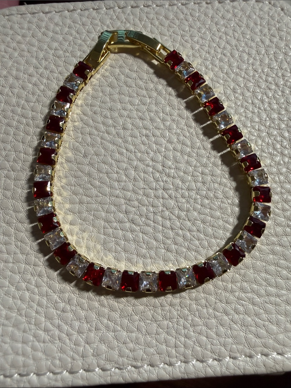 Gold-Tone Red and Clear Cubic Zirconia Tennis Bracelet